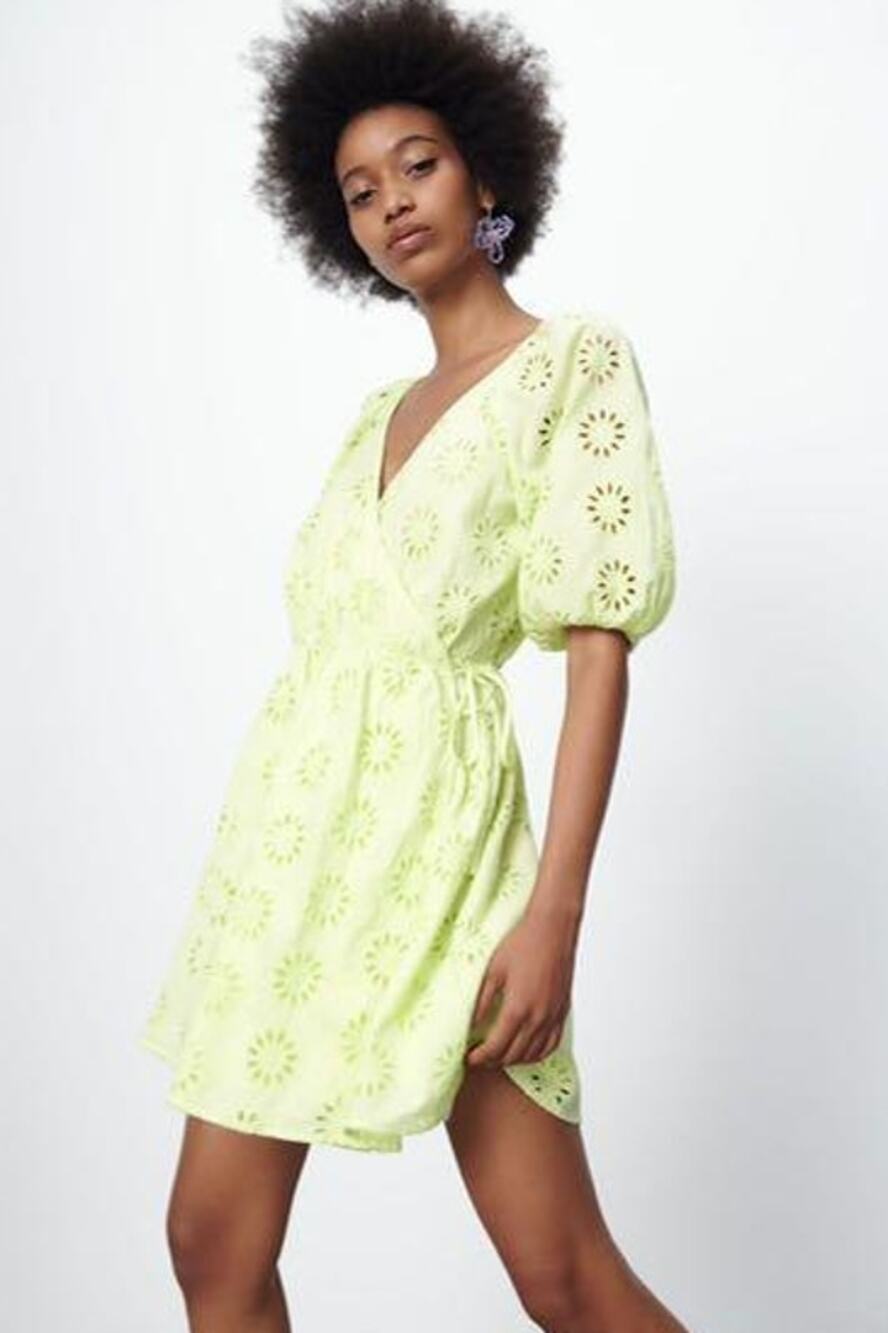 Zara Embroidered Eyelet True Wrap Mini Dress Womens Size M Yellow